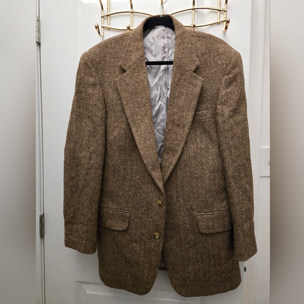 💼 Men's Vintage Land's End Harris Tweed 100% Wool Brown Herringbone Blazer EUC